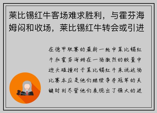 莱比锡红牛客场难求胜利，与霍芬海姆闷和收场，莱比锡红牛转会或引进人员怎么样